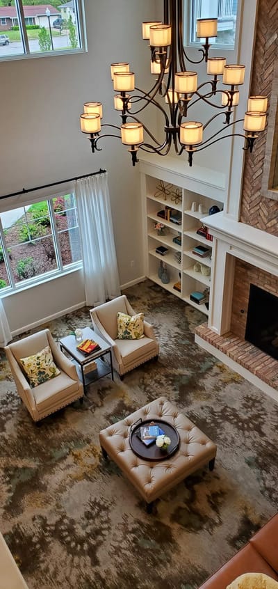 Bright interior common area with seating and decor