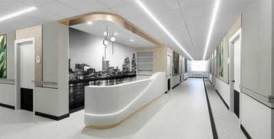 Modern interior hallway of a senior care facility
