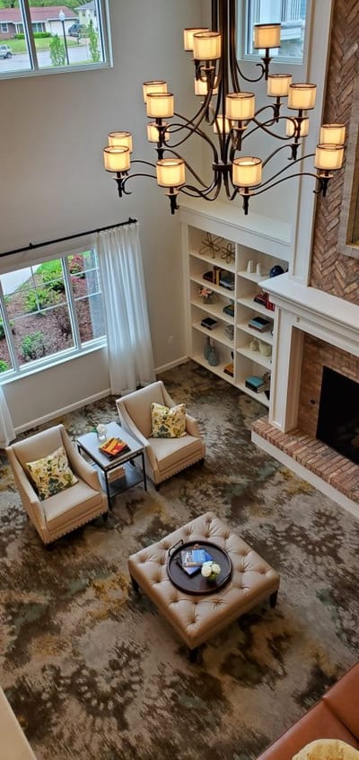 Interior view of a cozy common area with seating