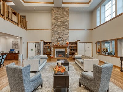 Interior common area with seating and fireplace