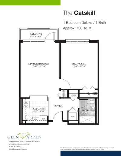Architectural floor plan of a one-bedroom unit