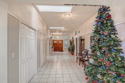 A decorated hallway with a Christmas tree