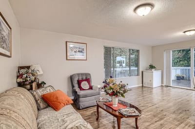 Cozy living room with floral decor and natural light