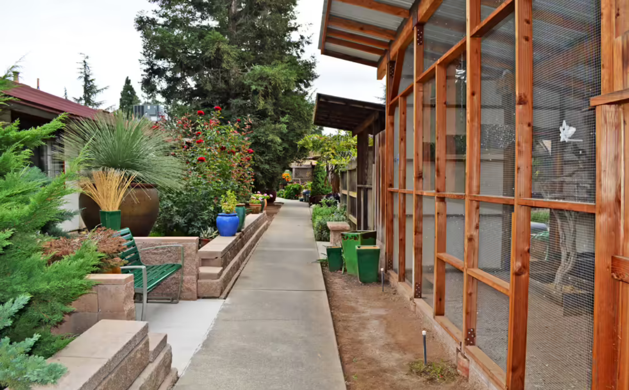 Walkway through a garden area with flowers