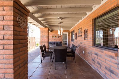 Indoor common area with seating and brick walls