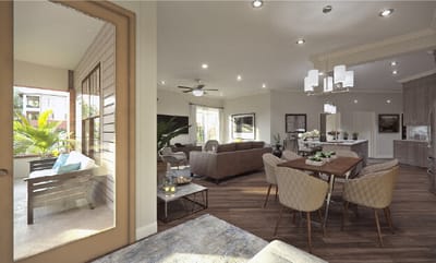 Bright common area in a modern senior living facility