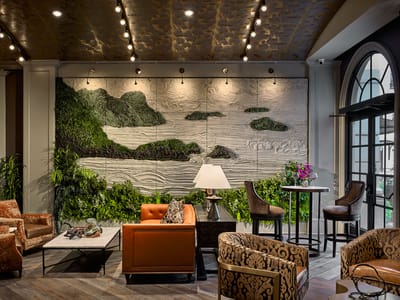 Interior lounge area with modern furniture and decorative art