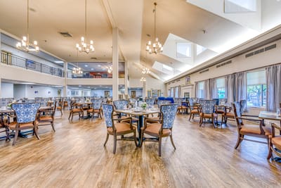 Interior view of a dining room with seating