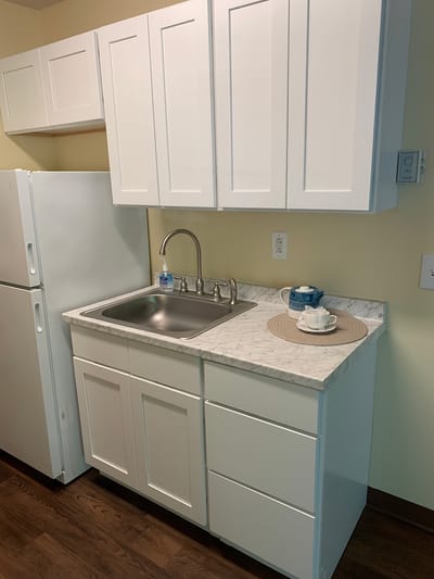 Modern kitchen area in a senior living facility
