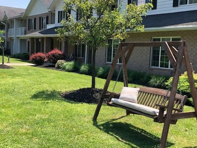Swing in a landscaped garden space outside the facility