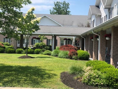 Beautiful landscaped courtyard of a senior living facility
