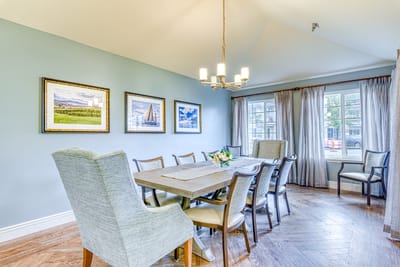 Dining room with a large table and comfortable seating