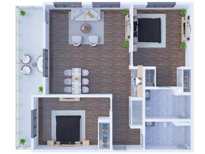 Floor plan of a two-bedroom unit with living area