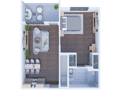 Aerial view of a two-bedroom apartment layout