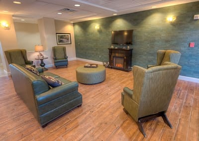 Interior of a cozy lounge area with seating