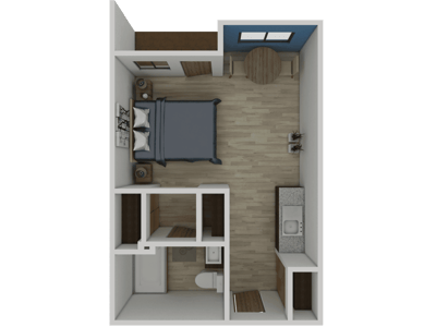 Layout of a private resident room with amenities