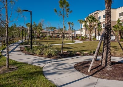 Walking path in a landscaped outdoor area