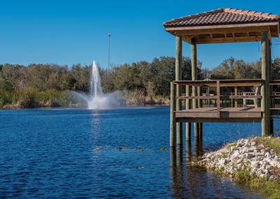Scenic view of a pond with a fountain and gazebo