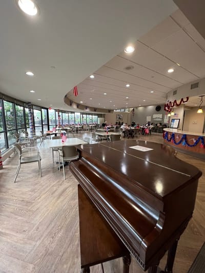 Interior view of a dining room decorated for an event
