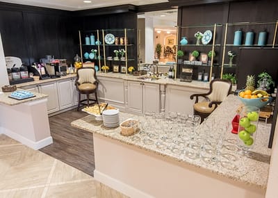 Interior view of a dining area with food and drinks.