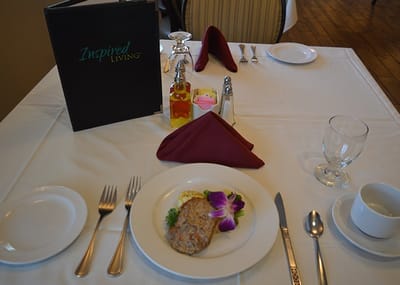 Dining setup with a meal and decorations