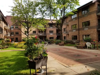 Beautiful garden courtyard with seating areas
