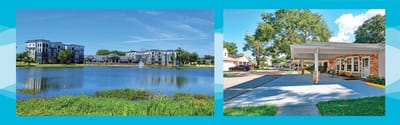 Exterior view of Lakeside at Waterman Village and surrounding landscaping