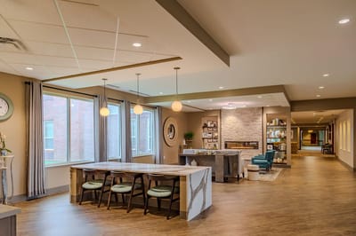 Bright and welcoming common area with seating and decor