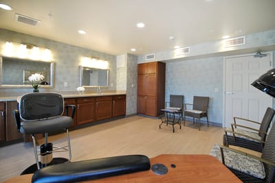 Interior view of a salon area with styling chair and cabinets