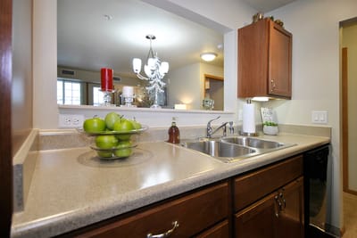 Modern kitchen interior with fruit bowl