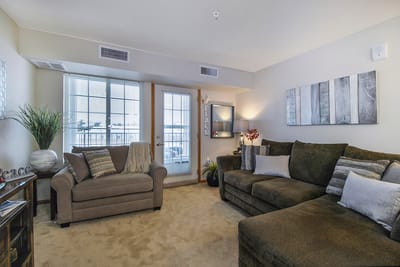 Cozy living room with comfortable seating and natural light