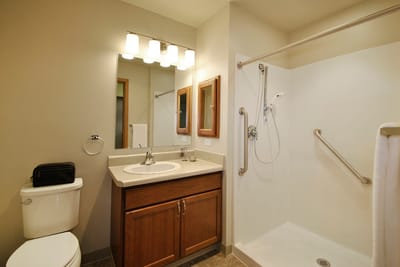 Modern assisted living bathroom with safety features