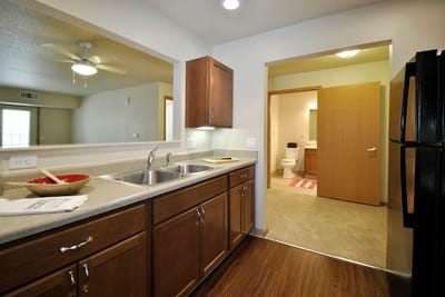 Interior view of a kitchen area in an apartment