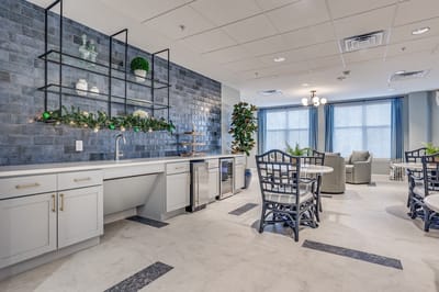 Bright common area with seating and decor