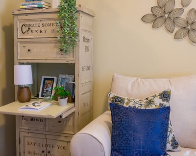 Cozy interior corner with a sofa and decorative elements