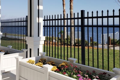 Outdoor seating area overlooking the water