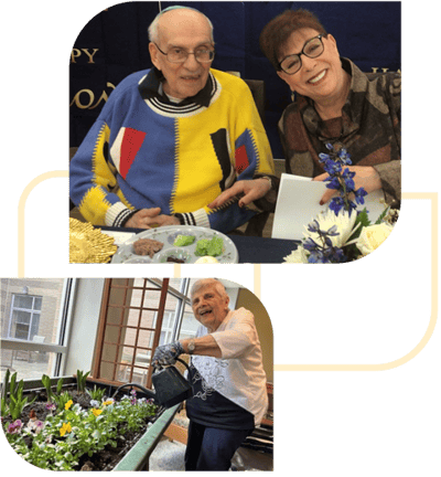 Residents and staff enjoying activities and gardening indoors