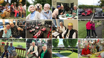 Residents enjoying activities and meals in various facility settings.