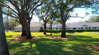 Outdoor view of well-maintained gardens and pathways