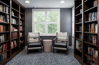 Interior view of a cozy reading nook with bookshelves
