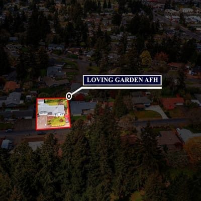 Aerial view of Loving Garden Adult Family Home with surrounding neighborhood