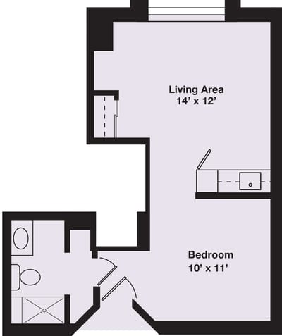 Architectural floor plan of a living area and bedroom