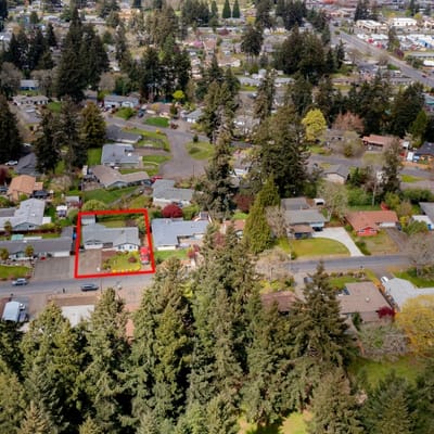 Aerial view of a residential area with trees