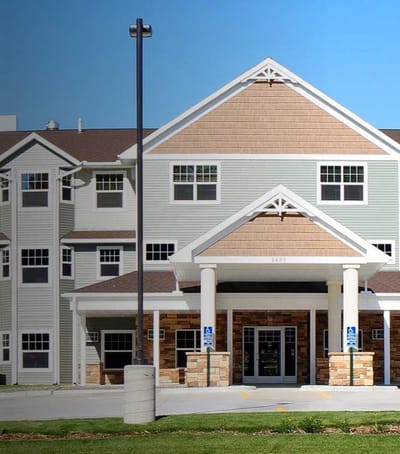Exterior view of the Landmark of Fridley Senior Living building