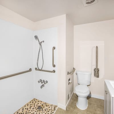 Accessible bathroom with grab bars and shower