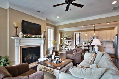 Interior of a cozy living room with a fireplace