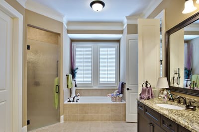 Well-decorated bathroom in a senior living facility