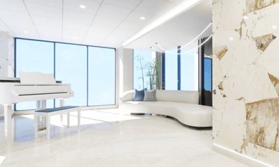 Bright interior lounge area with a piano