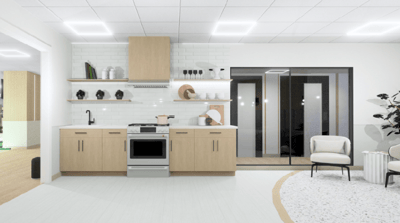 Bright modern kitchen area with seating