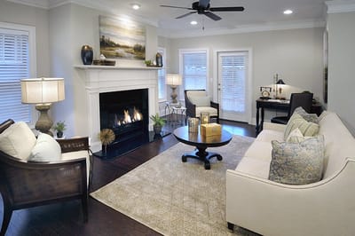 Cozy common area with seating and fireplace
